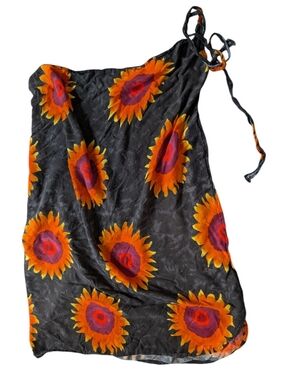 Vintage 80s Elegance Sunflower Print Black Swim Cover Up